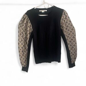 Veronica Beard Black Crewneck Sweater Balloon Sleeve L merino silk medallion